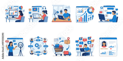 Remote Work and Online Collaboration Illustration Set