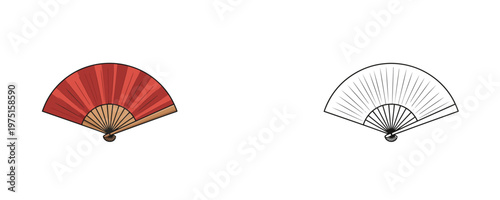 Traditional folding fan illustrations in red cartoon and black linear styles with wooden ribs representing oriental culture and summer cooling accessory on a white background
