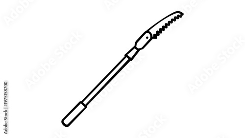 Minimalist black and white vector icon illustration of a professional pruning saw or pole saw garden tool for tree trimming, landscaping maintenance, and yard work, isolated on white background.