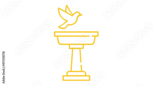 Minimalist vector illustration of a bird flying over a garden birdbath icon featuring a warm orange and yellow gradient, ideal for nature, outdoor decor, and gardening themes, scalable flat design.