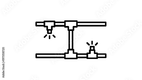 Irrigation System Sprinkler Vector Icon Illustration. Minimalist line art of garden watering pipes and spray nozzles for agriculture, farming, and landscape maintenance. Scalable flat design