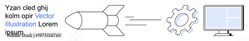 Innovation, technology workflow, software design, system optimization, automation, development stages. A rocket directed at a gear and monitor. Innovation and technology workflow concepts