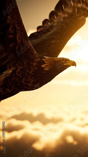 A majestic wild bird of prey soars gracefully through the golden light above a thick layer of soft white clouds at sunset