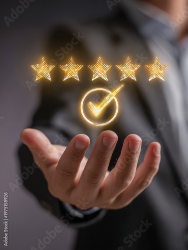 Businessman presenting glowing five-star rating with checkmark symbol representing quality assurance and customer satisfaction in a dark blurred background