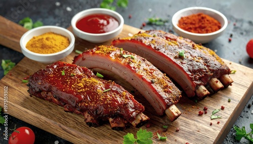 Grilled steak slices arranged on a rustic wooden cutting board, topped with barbecue sauce and fresh herbs. Ideal for food marketing, restaurant menus, culinary blogs, and healthy lifestyle content.