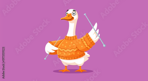 Goose in orange sweater knitting.