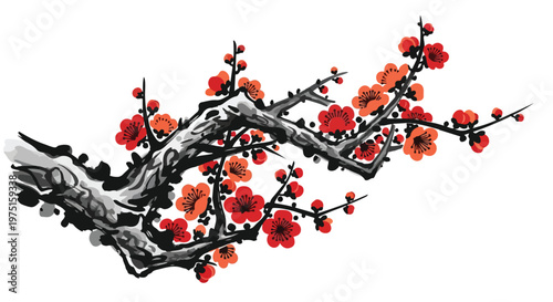 Elegant Sakura Cherry Blossom Branch in Japanese Ink Style
