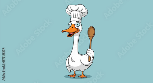 Goose wearing chef hat spoon.