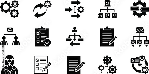 Comprehensive Set of Business Process Management Icons Illustrating Workflow Optimization and Strategic Planning