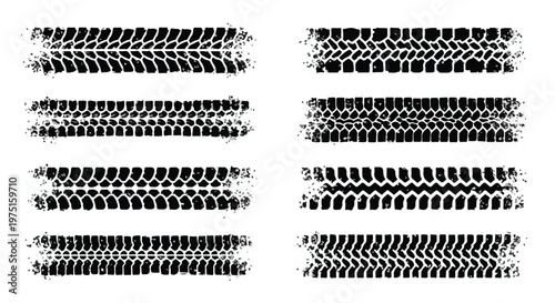 Seamless black vector pattern set of tire tracks and wheel tread prints featuring geometric car tyre textures and circle shapes for artistic border design