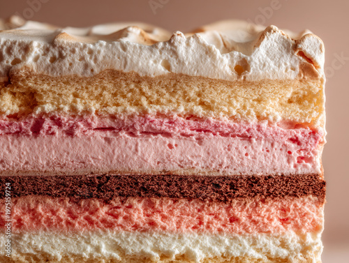 Detailed side view of a layered dessert showcasing creamy, fluffy, and sponge cake textures in soft pastel tones with a toasted meringue topping