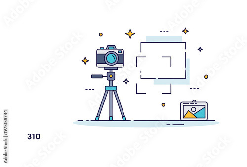 Content creation tool scene with a camera on tripod and subtle frame guides conveying composition, focus, and visual storytelling. Minimalist flat vector