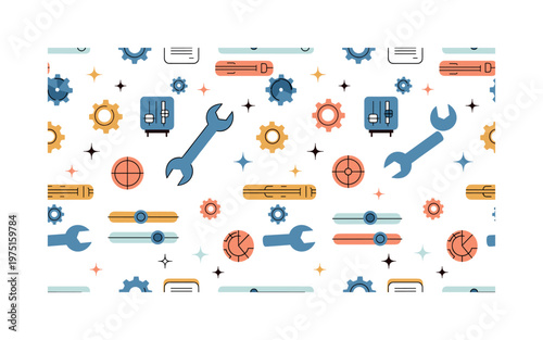 configuration tool seamless pattern, repeating pattern, surface design, textile print, soft color palette, modern illustration, no shadows, flat lighting,
