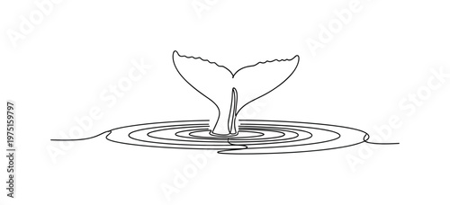 Marine Silence. Minimalistic one-line drawing a whale tail above still water surface with minimal ripples, continuous single black line on white background,