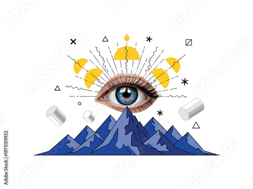 large eye hovering above stylized mountain peaks, yellow semicircles and thin black lines suggesting light rays, abstract cylinders and symbols around,