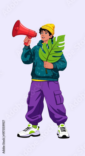 Man Holding Megaphone and Leaf.
