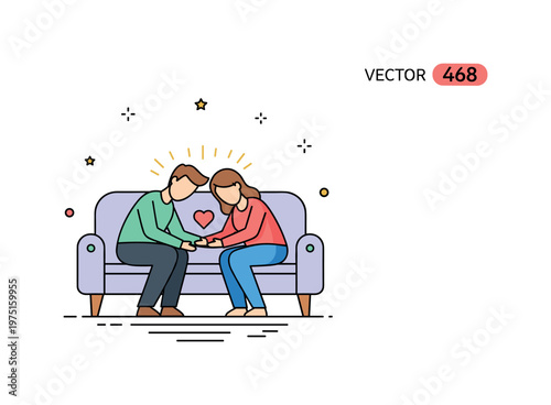 Warm relationship moment with two figures leaning together on a sofa with a small heart and soft light accents expressing care, connection, and emotional