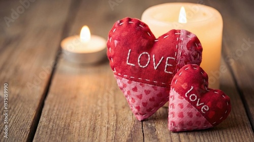 Romantic Love Hearts Warm Candles Rustic Wood Background