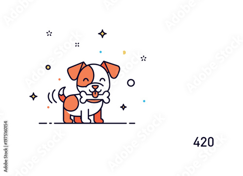 Little playful dog cute tiny dog holding a small bone with joyful expression, wagging tail, and subtle sparkles creating a whimsical scene. Minimalist flat