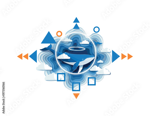 giant whale floating among layered clouds, blue and orange geometric blocks intersecting the composition, circular halo element around whale, strong negative