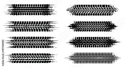 Vector set of industrial black and white patterns featuring rubber stamps and metallic tire prints with steel pipe textures for construction and technology design
