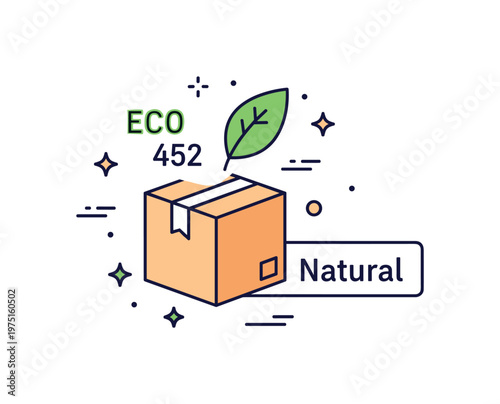 Eco friendly packaging badge with a box, leaf icon, and subtle ?Natural? label conveying sustainability, purity, and environmentally conscious