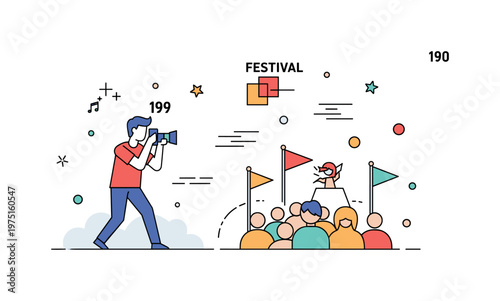 Festival documentation scene showing a photographer capturing a performer and crowd with simple flags and motion lines expressing storytelling and cultural