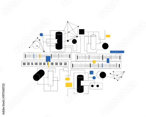 retro radio tuning interface with structured visual system, black and white frequency indicators paired with thin line networks and floating rectangles,