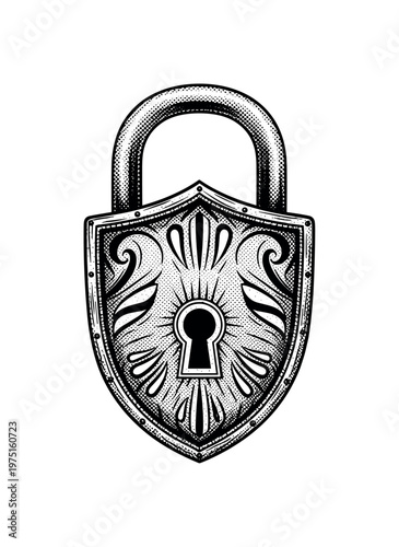 A symbolic shield-shaped lock with engraved vintage patterns representing protection and security, presented centrally with minimal composition, black and