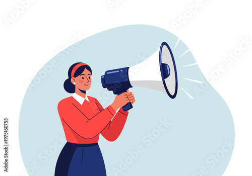 Woman Holding Megaphone Speaking Loud.