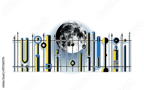 moon behind iron fence with abstract cylinders circles and graphic blocks, black and white moon shining through decorative iron fence with white outline