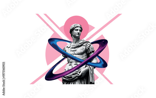 roman statue with oversized cosmic rings wrapping the body, large pink circle and diagonal grid lines in background, symbolic conceptual composition, high