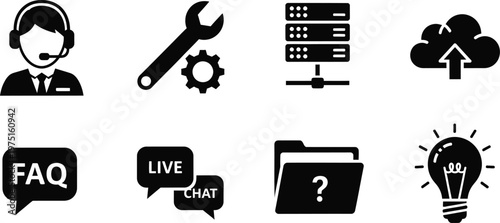 Vector icons for customer support, IT services, and technical assistance. Essential business solutions and online help concepts