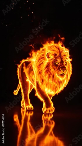 A majestic lion made of bright orange flames walks forward against a dark background with a reflection