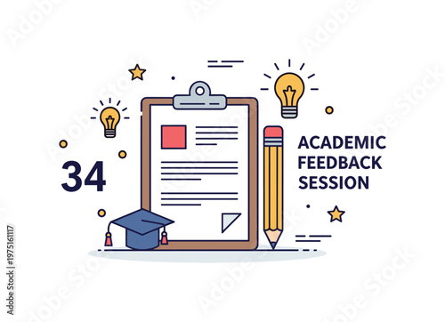Academic feedback session sign featuring a clipboard, pencil, and small idea spark icons symbolizing thoughtful evaluation and constructive guidance.