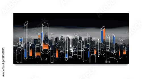 night city fog panorama with layered circles cylinders and geometric shapes, black and white panoramic urban skyline surrounded by fog with collage cut-out