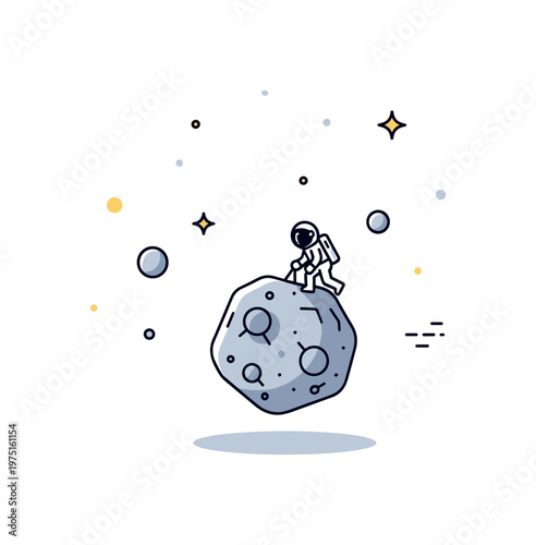 Floating asteroid moment a tiny astronaut exploring a rock in space with soft decorative dots and minimal background. The scene expresses isolation and quiet