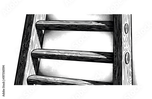 A close-up of ladder rungs with engraved texture and dense halftone shadows, black and white illustration, vintage engraving style, strong contrast, White