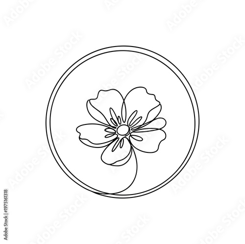 Minimal Bloom. Minimalistic one-line drawing a simple flower inside a circle with smooth contours, continuous single black line on white background, simple