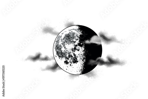 A partially cropped moon with cloud edges dissolving into grainy halftone dots, black and white illustration, editorial print aesthetic, high contrast,