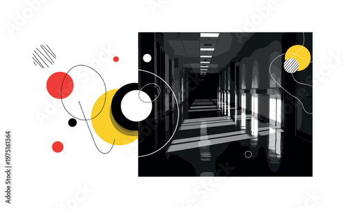 hospital hallway shadow lights with floating circles abstract shapes and lines, black and white corridor lights reflecting on polished floor with white outline