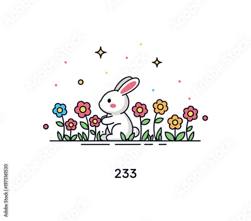 Little bunny among blooms cute tiny bunny hopping or sitting in a vibrant flower field with small decorative sparkles enhancing the cheerful whimsical scene.