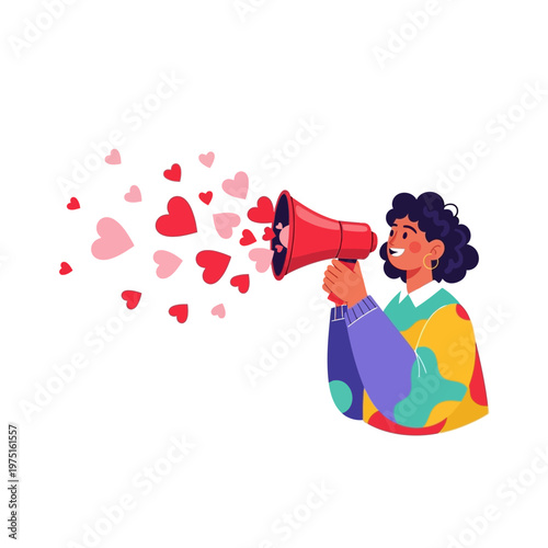 Woman Speaking Through Megaphone Hearts.
