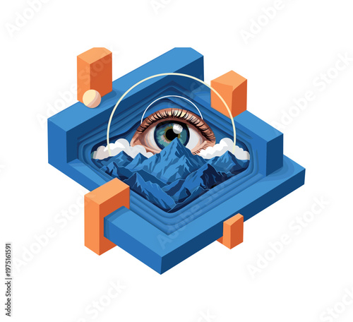 surreal oversized eye embedded in sky watching layered mountains, blue and orange geometric blocks intersecting composition, circular halo element around eye,