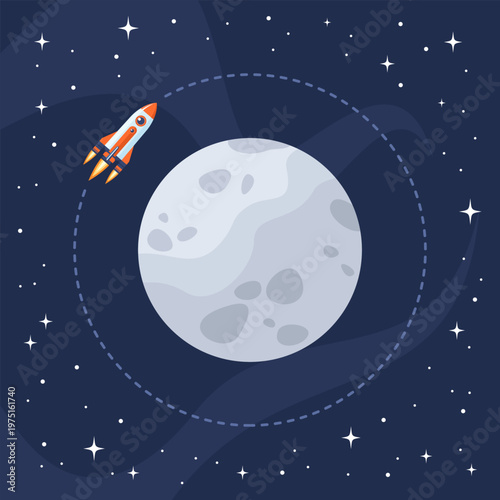 Space rocket flying around the Moon on the background of the starry universe, flat vector illustration