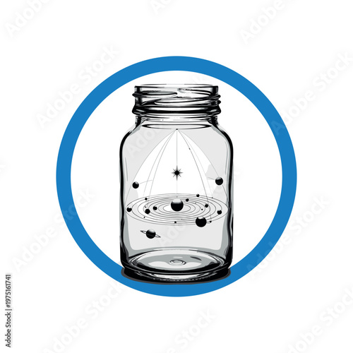 minimalist jar enclosing a small solar system, blue circular frame surrounding the object, thin lines indicating orbital paths, high contrast black and white