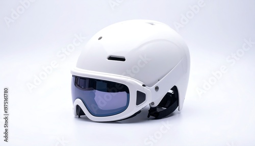 A white sports helmet with integrated goggles, set against a plain background, providing a clean, isolated presentation