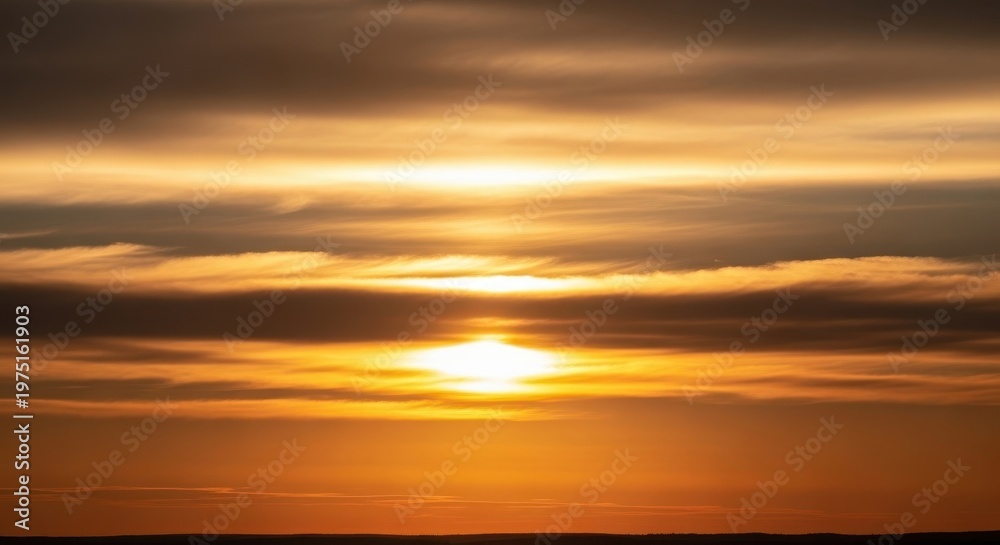 Fototapeta premium Spectacular view of the late afternoon sun breaking through layers of clouds, casting brilliant golden and orange tones across the sky, tranquil, cloudscape, twilight