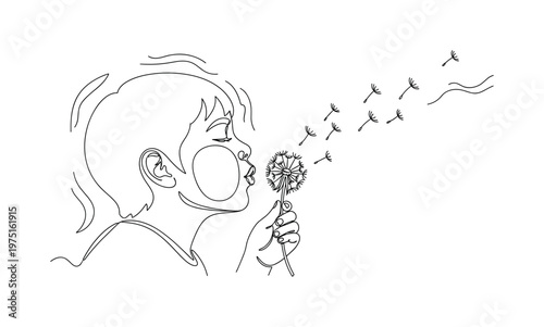 Spring Breeze. Minimalistic one-line drawing a child gently blowing a dandelion in a light spring wind, continuous single black line on white background,