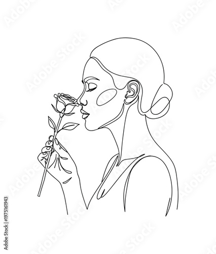 Elegant Pause. Minimalistic one-line drawing a woman in profile smelling a rose delicately, continuous single black line on white background, simple outline